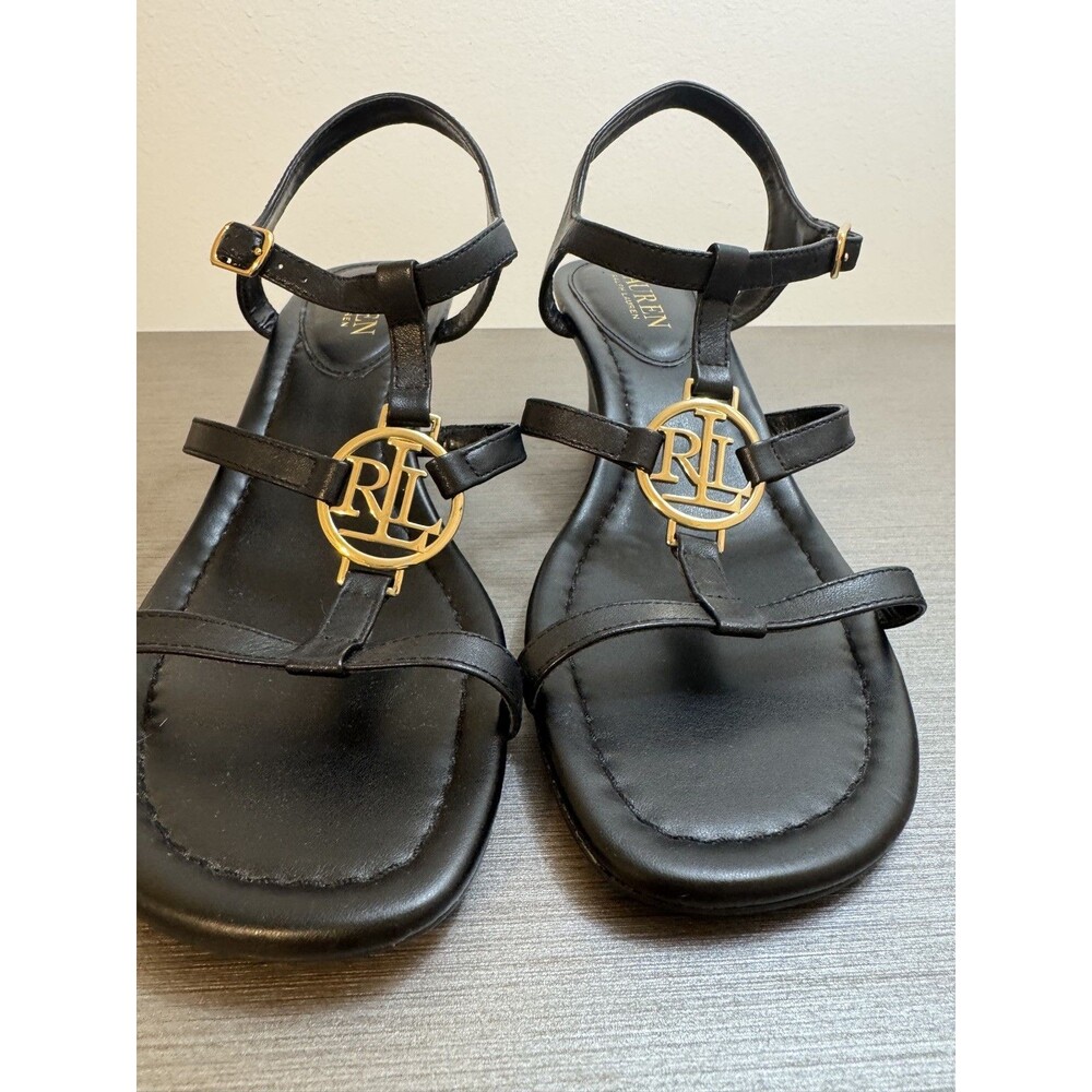Lauren Ralph Lauren Leather Strappy Black Gold Slingback Wedge Sandals size 7,5B
